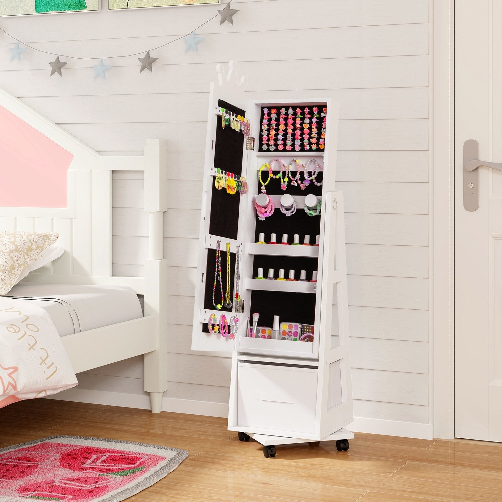 Kids Jewelry Armoire Cabinet with Swivel Base and Lockable Universal Wheels, White Kids Vanities   at Gallery Canada