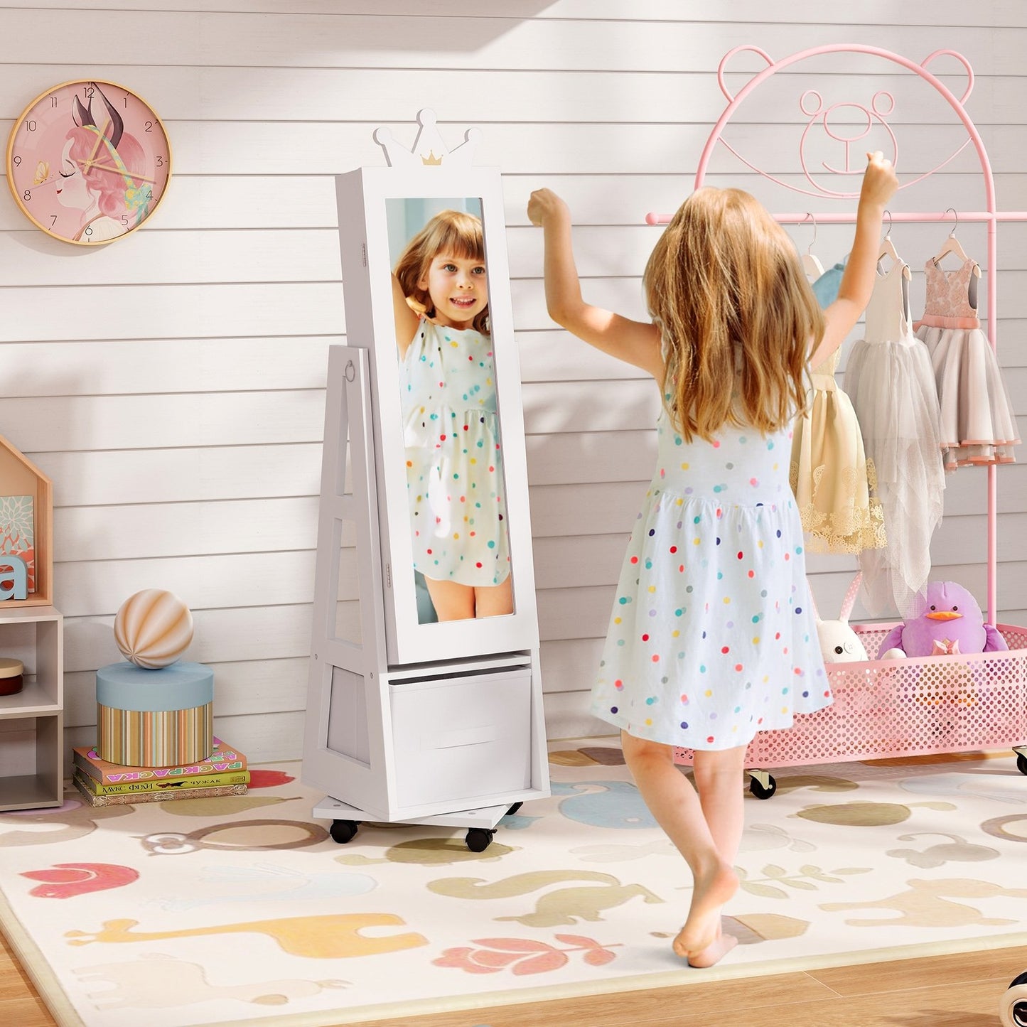 Kids Jewelry Armoire Cabinet with Swivel Base and Lockable Universal Wheels, White Kids Vanities   at Gallery Canada