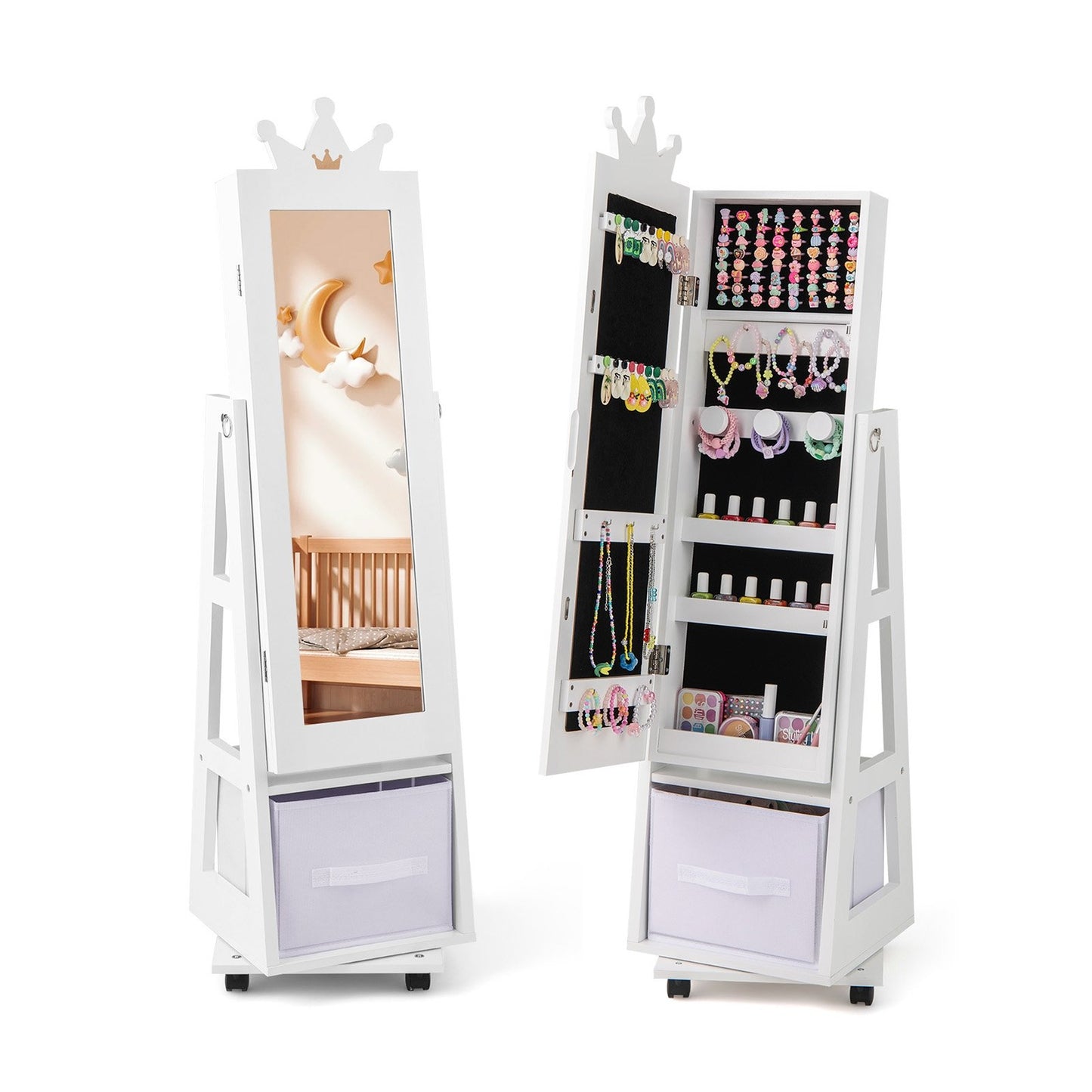 Kids Jewelry Armoire Cabinet with Swivel Base and Lockable Universal Wheels, White Kids Vanities White  at Gallery Canada