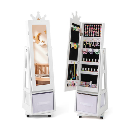 Kids Jewelry Armoire Cabinet with Swivel Base and Lockable Universal Wheels, White Kids Vanities White  at Gallery Canada