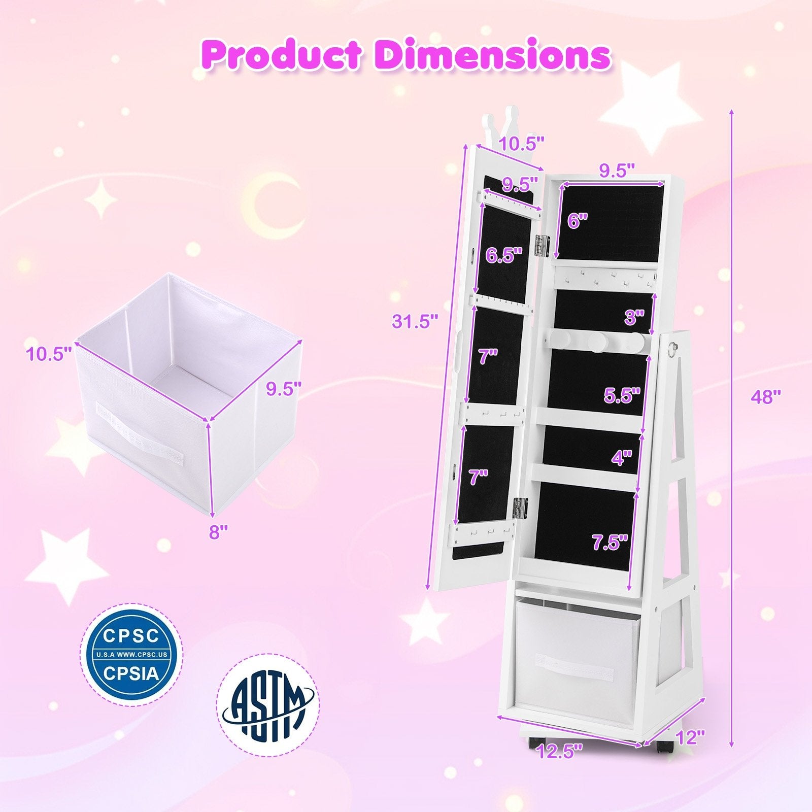 Kids Jewelry Armoire Cabinet with Swivel Base and Lockable Universal Wheels, White Kids Vanities   at Gallery Canada