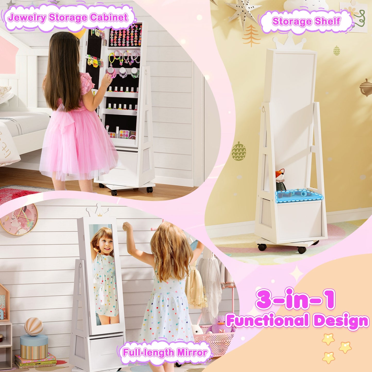 Kids Jewelry Armoire Cabinet with Swivel Base and Lockable Universal Wheels, White Kids Vanities   at Gallery Canada