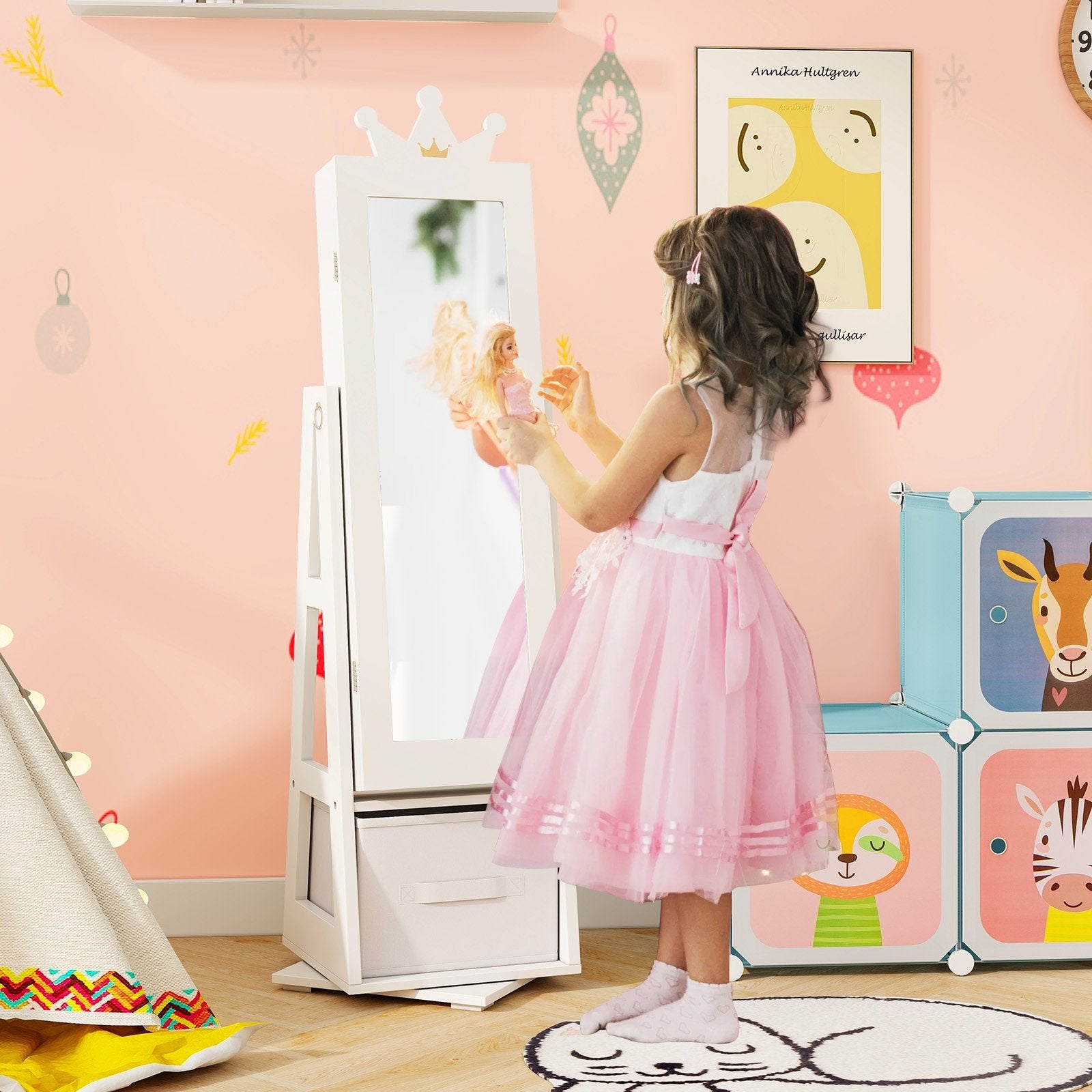 Kids Jewelry Armoire Cabinet with Large Storage Capacity and Swivel Base, White Kids Vanities   at Gallery Canada