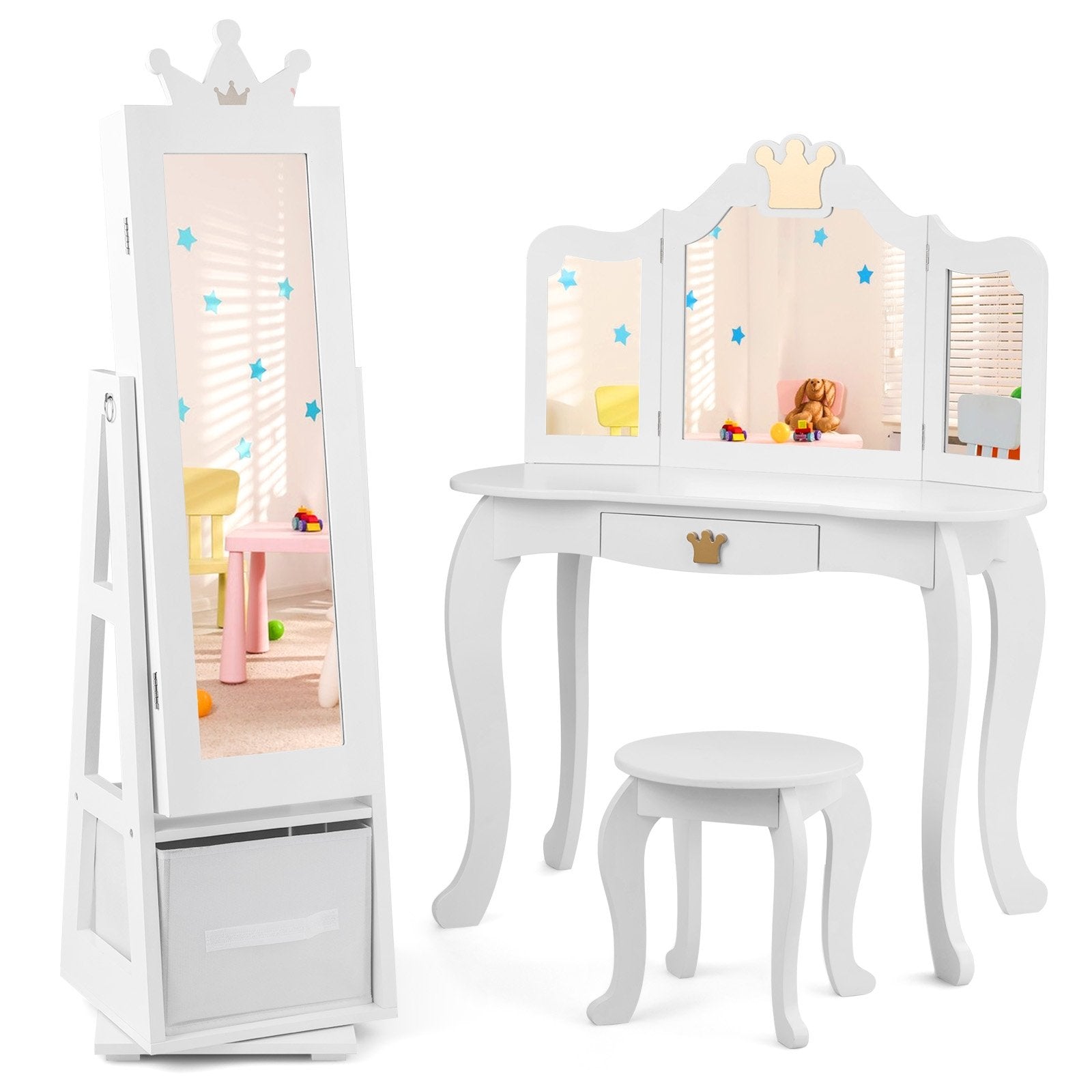 Kids Jewelry Armoire Cabinet with Large Storage Capacity and Swivel Base, White Kids Vanities   at Gallery Canada