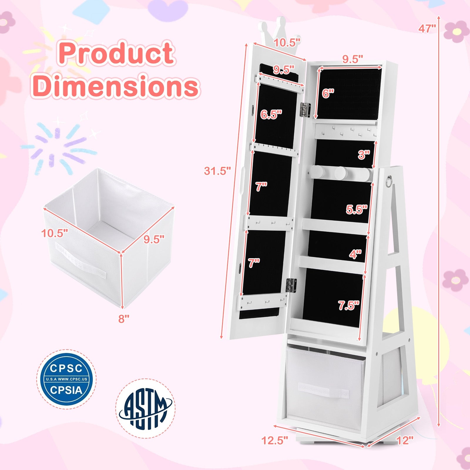 Kids Jewelry Armoire Cabinet with Large Storage Capacity and Swivel Base, White Kids Vanities   at Gallery Canada