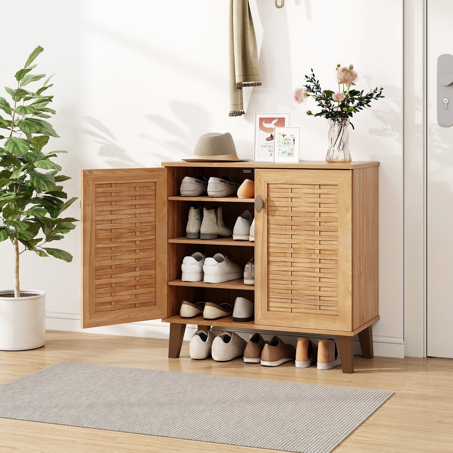 2-Door 4-Tier Shoe Cabinet Storage Organizer with Ventilated Woven Doors, Teak Shoe Racks & Storage Benches   at Gallery Canada