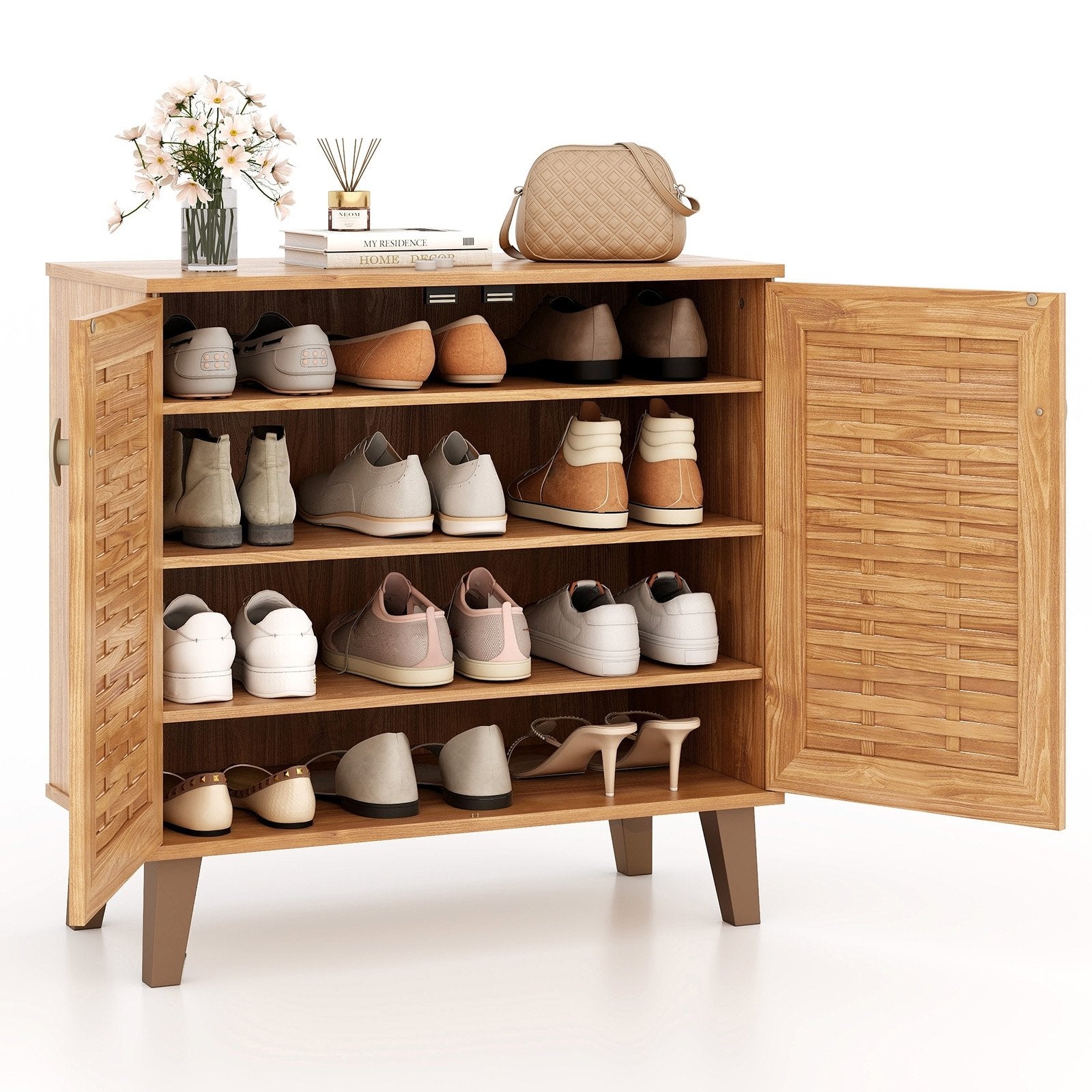 2-Door 4-Tier Shoe Cabinet Storage Organizer with Ventilated Woven Doors, Teak Shoe Racks & Storage Benches   at Gallery Canada