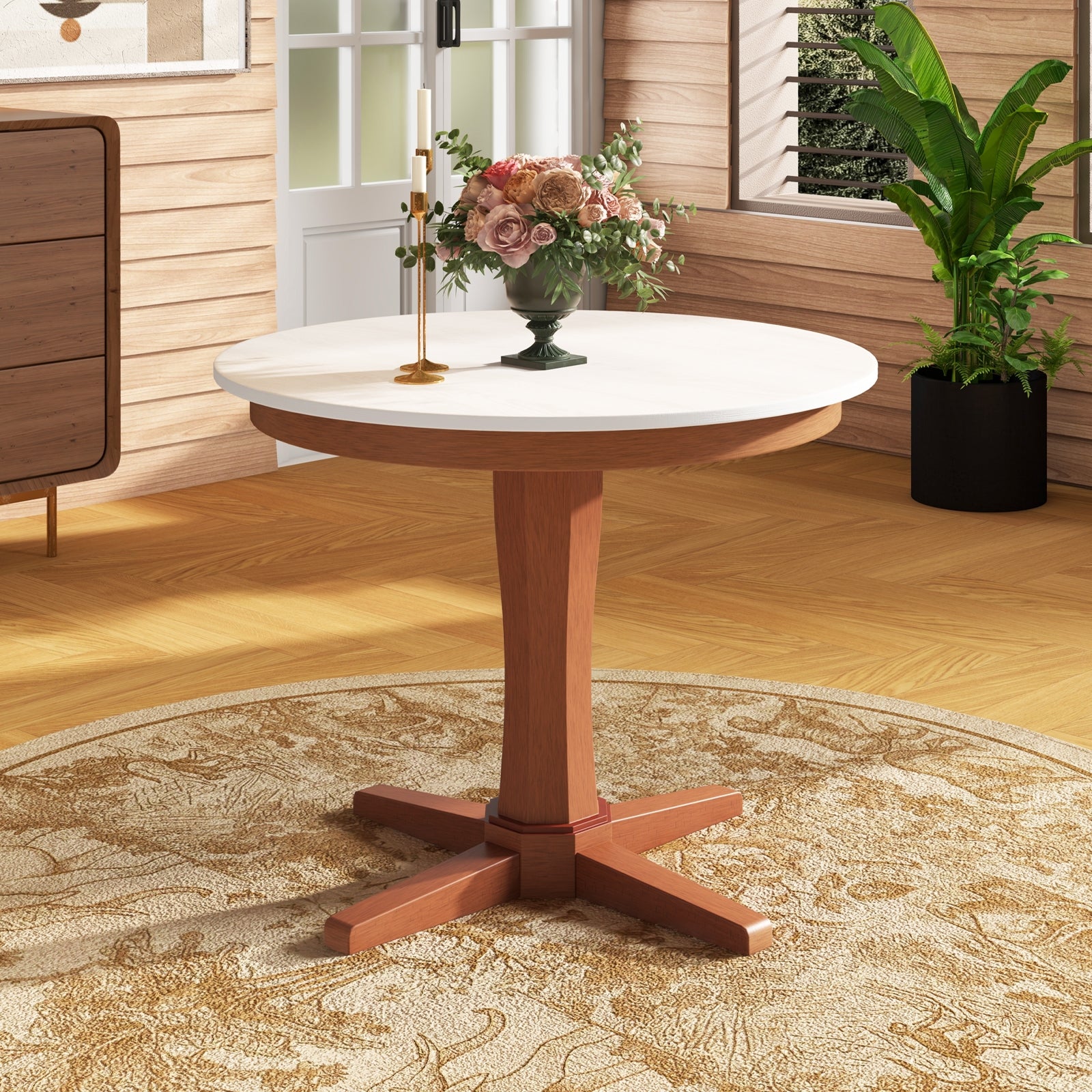 35 Inches Wooden Round Dining Table with Pedestal Base, White Dining Tables   at Gallery Canada