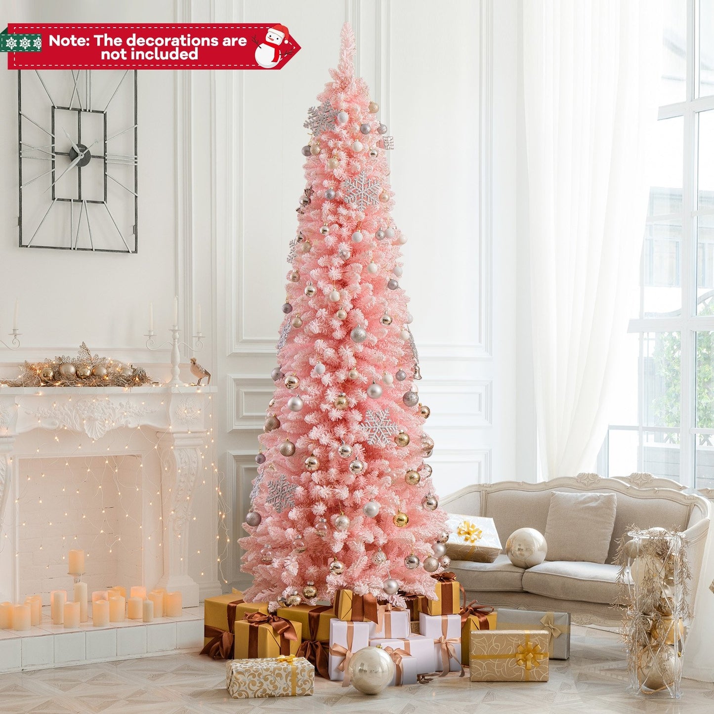 8 Feet Snow Flocked Artificial Pink Xmas Tree with 1000 Branch Tips-8 ft, Pink Christmas Tree   at Gallery Canada