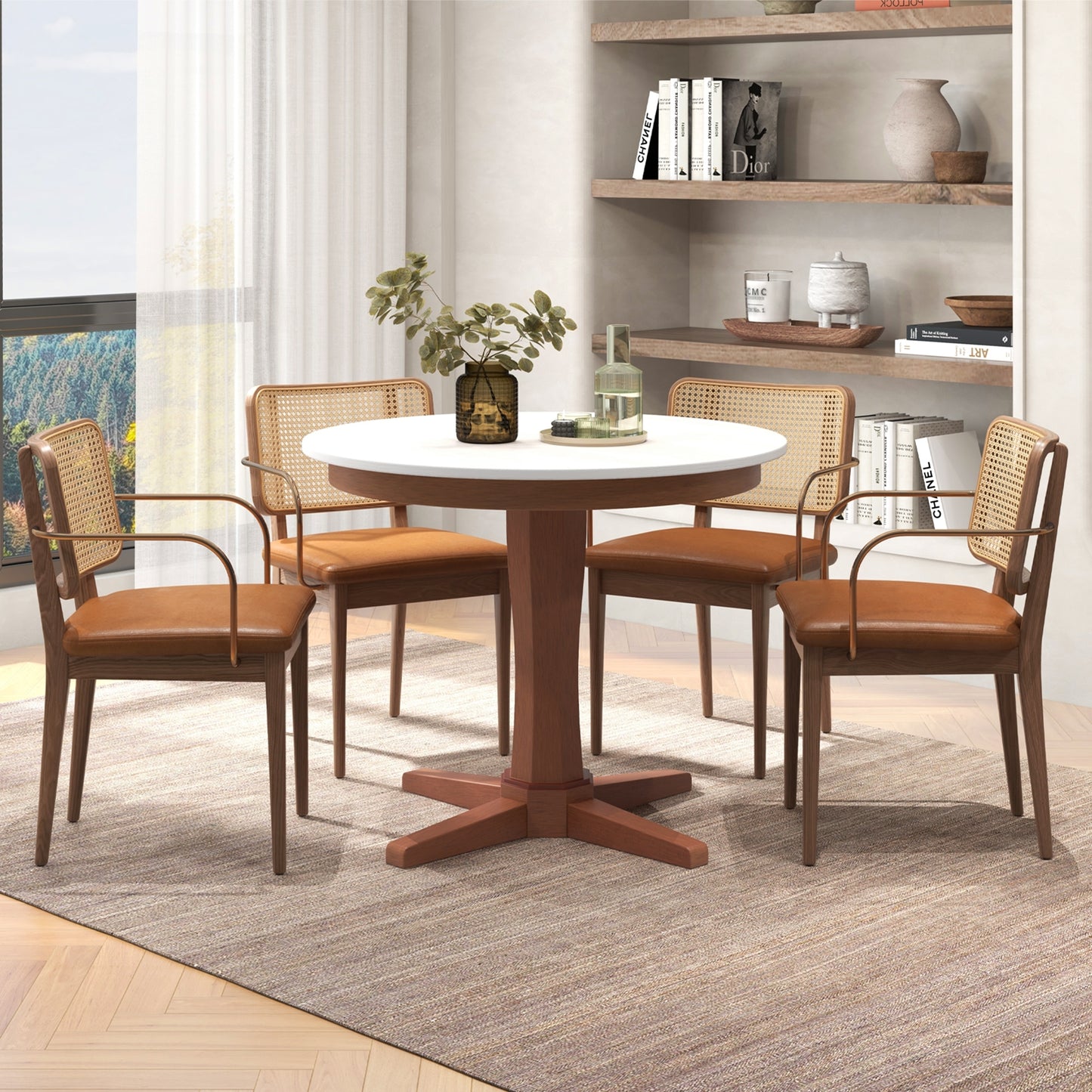 35 Inches Wooden Round Dining Table with Pedestal Base, White Dining Tables   at Gallery Canada