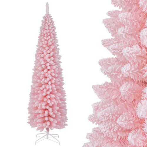 Snow Flocked 7 FT Artificial Pink Xmas Tree with 635 Branch Tips, Pink