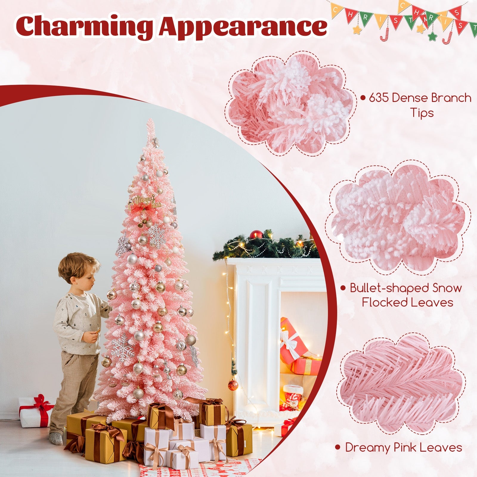 Snow Flocked 7 FT Artificial Pink Xmas Tree with 635 Branch Tips, Pink Christmas Tree at Gallery Canada