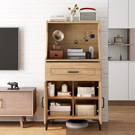 Coffee Bar Cabinet with Pegboard  Storage Drawer and Adjustable Shelf, Oak Sideboards Cabinets & Buffets Oak  at Gallery Canada