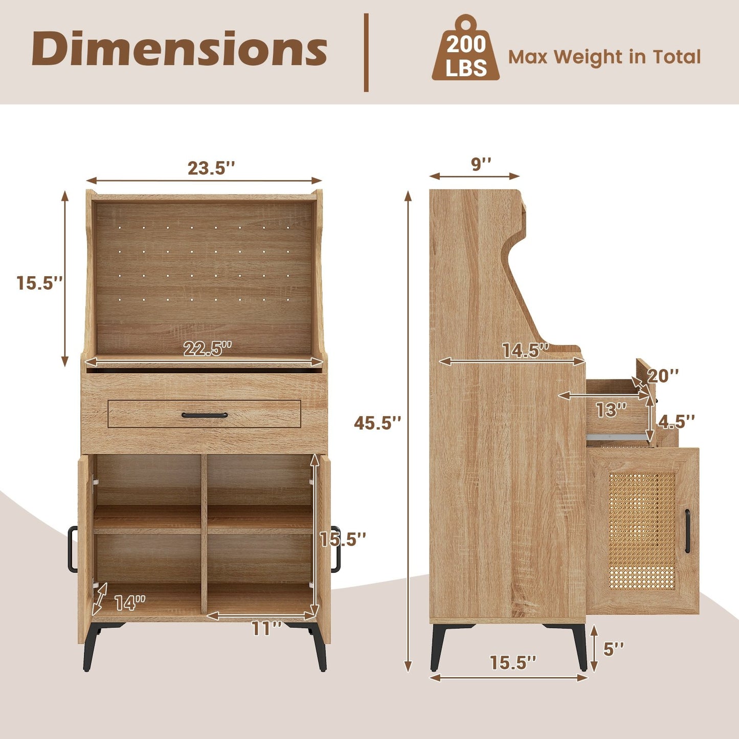 Coffee Bar Cabinet with Pegboard  Storage Drawer and Adjustable Shelf, Oak Sideboards Cabinets & Buffets   at Gallery Canada