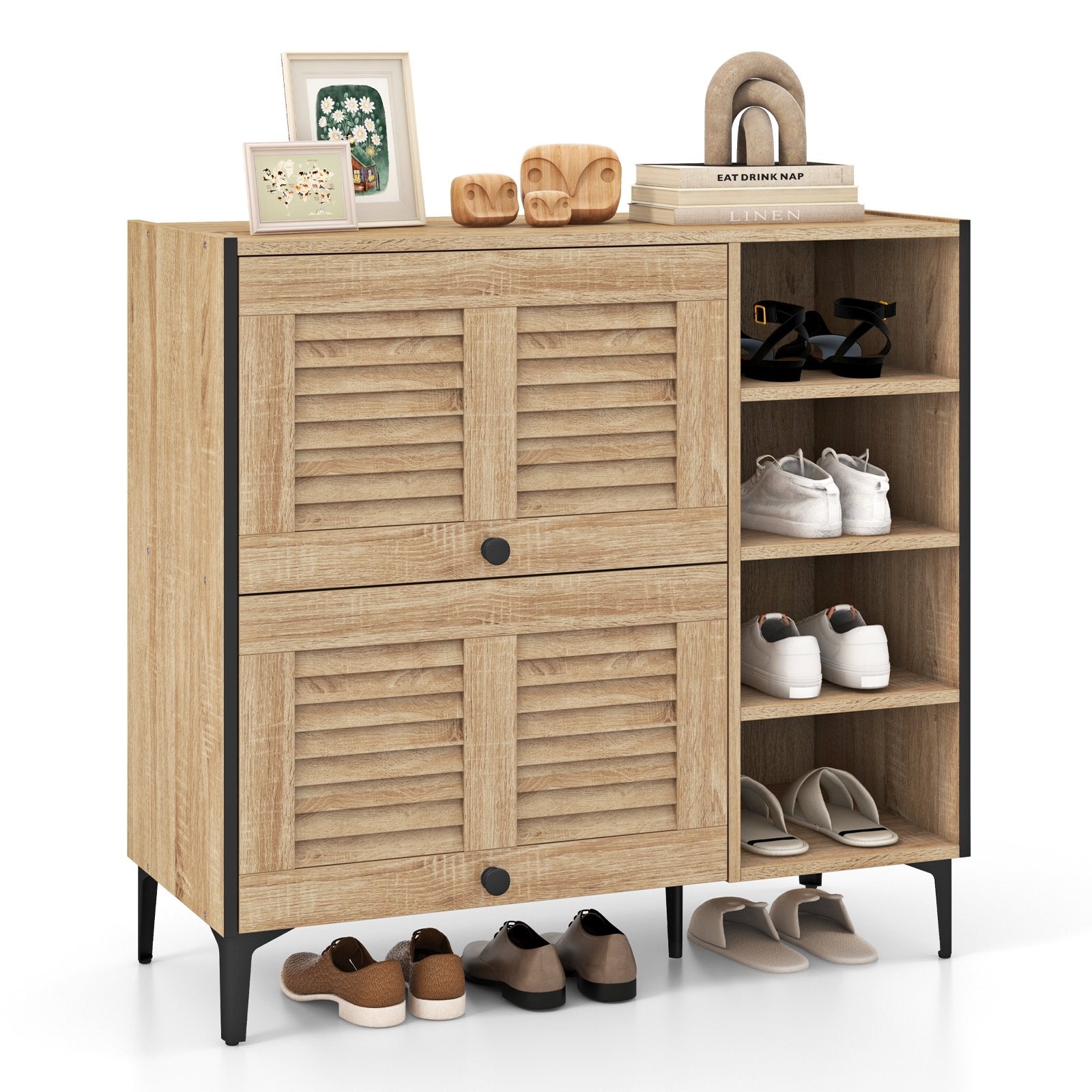 Shoe Rack Organizer with Flip-up See-through Doors and Adjustable Shelves, Oak Shoe Racks & Storage Benches   at Gallery Canada