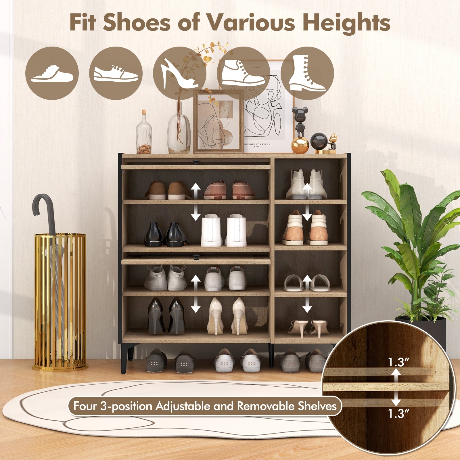 Shoe Rack Organizer with Flip-up See-through Doors and Adjustable Shelves, Oak Shoe Racks & Storage Benches   at Gallery Canada