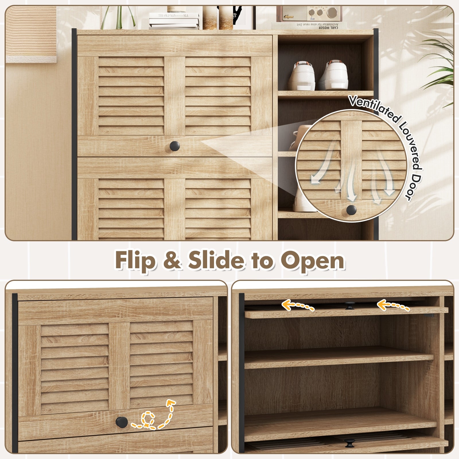 Shoe Rack Organizer with Flip-up See-through Doors and Adjustable Shelves, Oak Shoe Racks & Storage Benches   at Gallery Canada