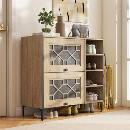 Rustic Shoe Cabinet with Flip-up See-through Doors and Adjustable Shelves, Oak Shoe Racks & Storage Benches   at Gallery Canada