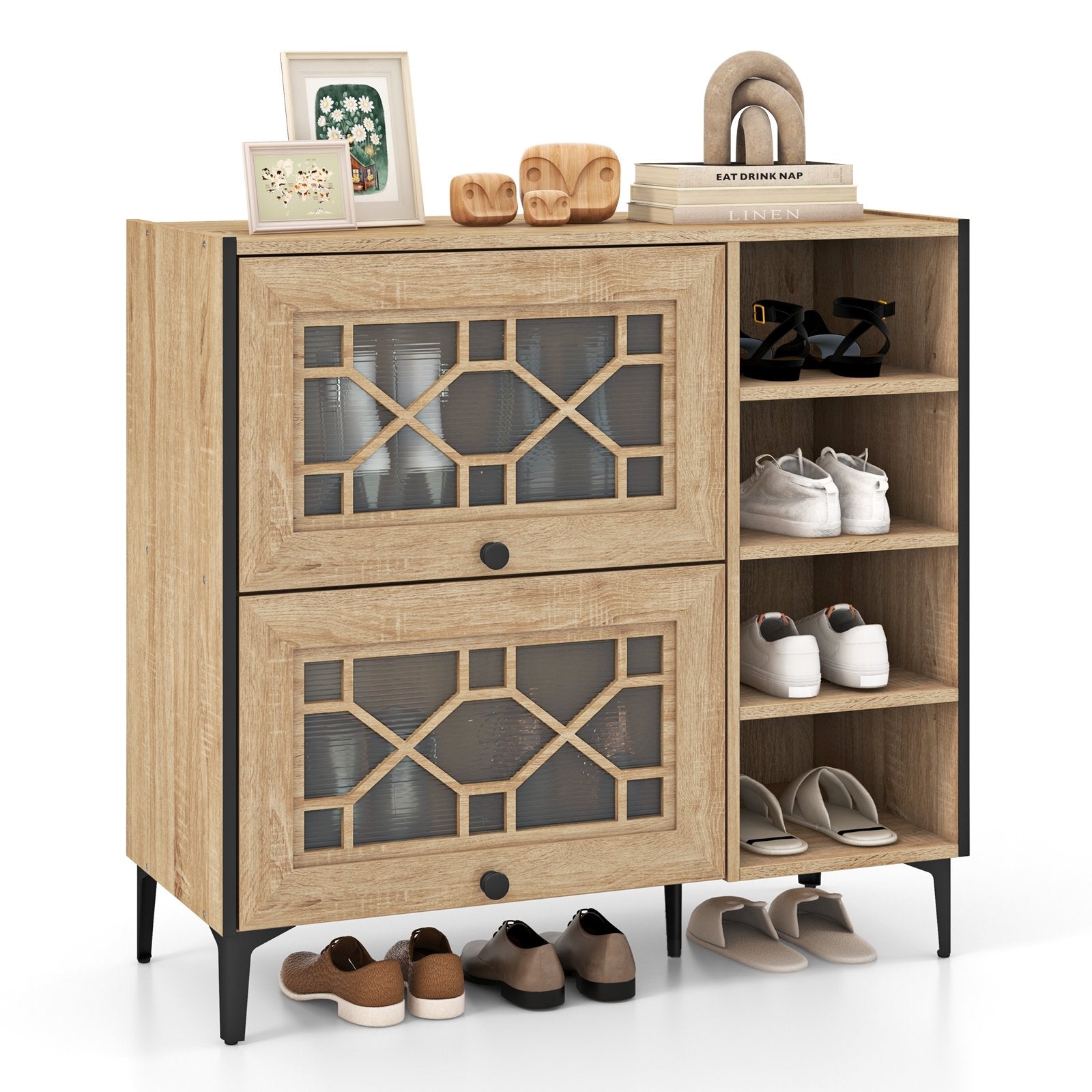 Rustic Shoe Cabinet with Flip-up See-through Doors and Adjustable Shelves, Oak Shoe Racks & Storage Benches   at Gallery Canada