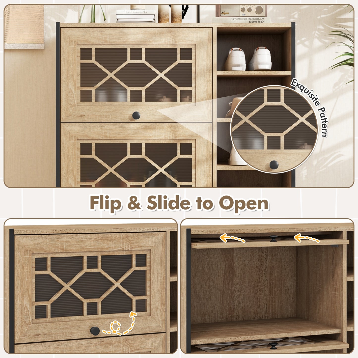 Rustic Shoe Cabinet with Flip-up See-through Doors and Adjustable Shelves, Oak Shoe Racks & Storage Benches   at Gallery Canada