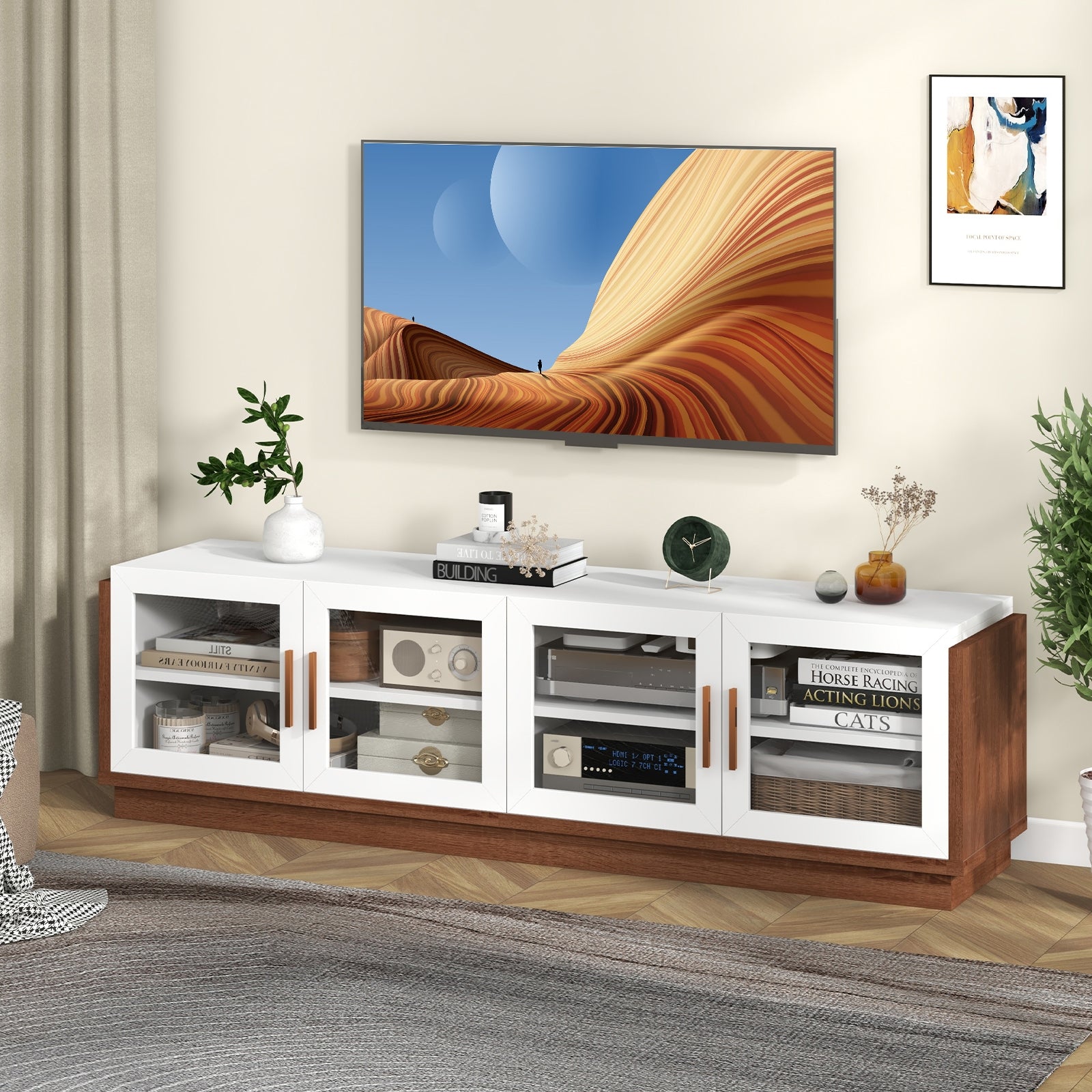 Large TV Stand for TVs up to 75 Inch with 4 Tempered Glass Doors for Living Room, White Entertainment Centers & TV Stands   at Gallery Canada