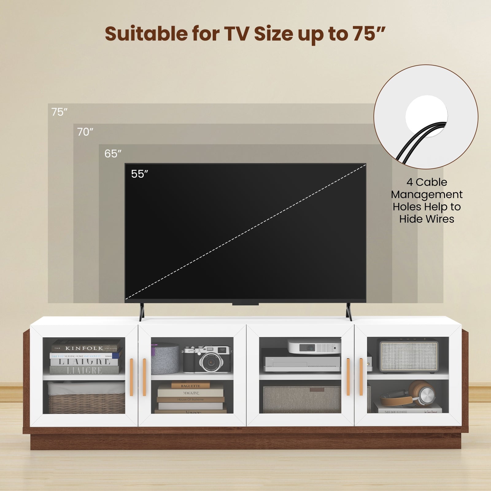 Large TV Stand for TVs up to 75 Inch with 4 Tempered Glass Doors for Living Room, White Entertainment Centers & TV Stands   at Gallery Canada