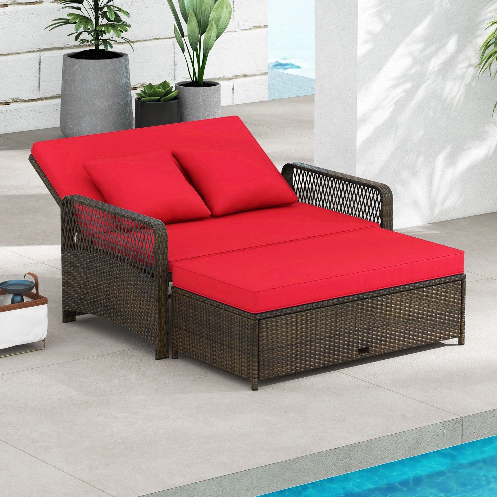 Patio Adjustable Wicker Daybed with 4-Level Backrest and Soft Cushions, Red Outdoor Sectionals   at Gallery Canada