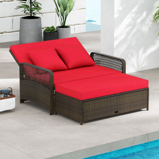 Patio Adjustable Wicker Daybed with 4-Level Backrest and Soft Cushions, Red Outdoor Sectionals Red  at Gallery Canada