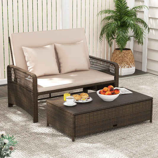 Patio Adjustable Wicker Daybed with 4-Level Backrest and Soft Cushions, Beige Outdoor Sectionals Beige  at Gallery Canada