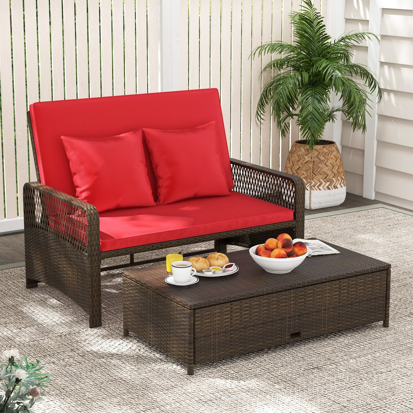 Patio Adjustable Wicker Daybed with 4-Level Backrest and Soft Cushions, Red Outdoor Sectionals   at Gallery Canada