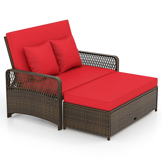 Patio Adjustable Wicker Daybed with 4-Level Backrest and Soft Cushions, Red Outdoor Sectionals Red  at Gallery Canada