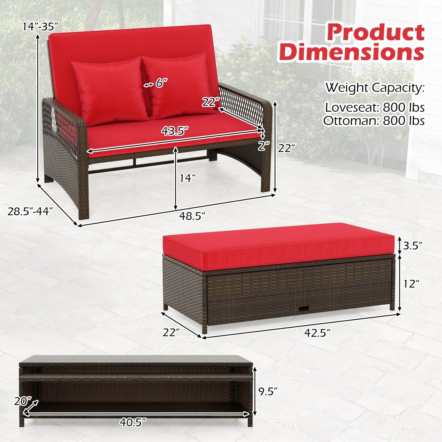 Patio Adjustable Wicker Daybed with 4-Level Backrest and Soft Cushions, Red Outdoor Sectionals   at Gallery Canada