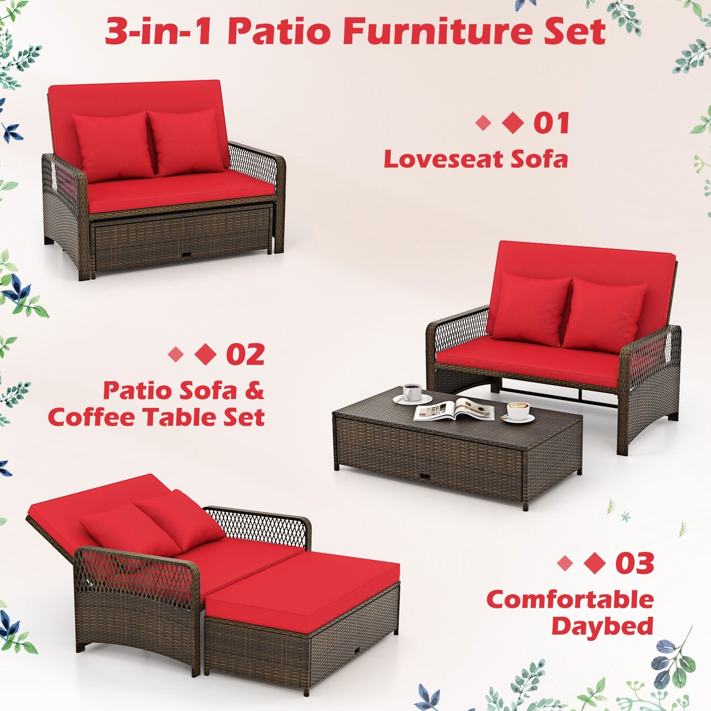 Patio Adjustable Wicker Daybed with 4-Level Backrest and Soft Cushions, Red Outdoor Sectionals   at Gallery Canada