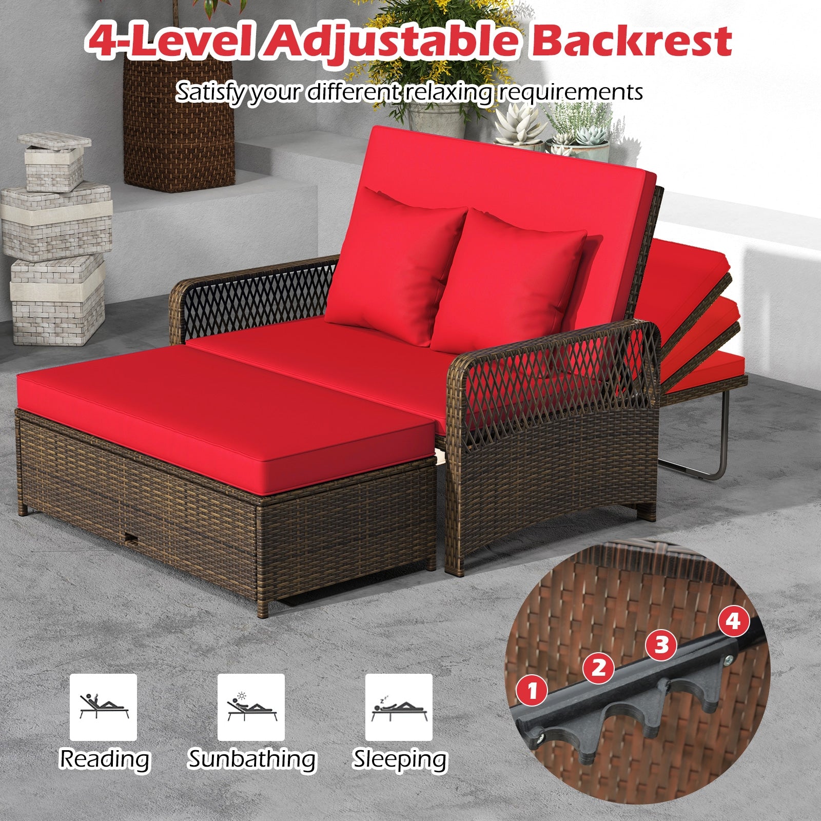 Patio Adjustable Wicker Daybed with 4-Level Backrest and Soft Cushions, Red Outdoor Sectionals   at Gallery Canada