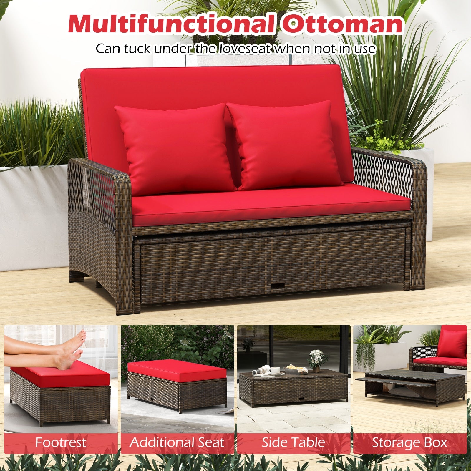 Patio Adjustable Wicker Daybed with 4-Level Backrest and Soft Cushions, Red Outdoor Sectionals   at Gallery Canada