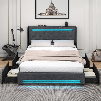 Queen Size Upholstered Platform Bed Frame with LED Lights and Charging Station-Grey, Gray Folding Beds   at Gallery Canada