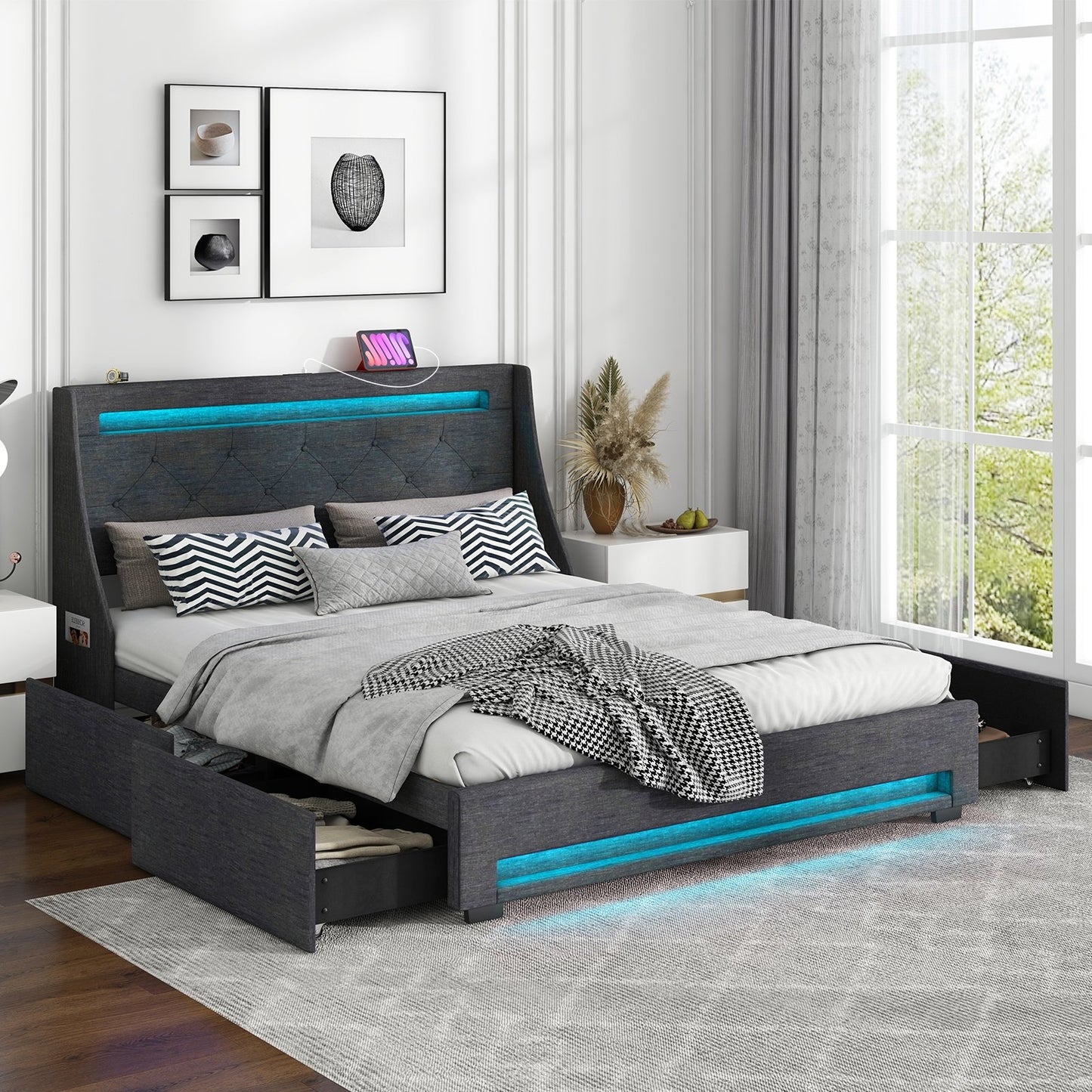 Queen Size Upholstered Platform Bed Frame with LED Lights and Charging Station-Grey, Gray Folding Beds   at Gallery Canada