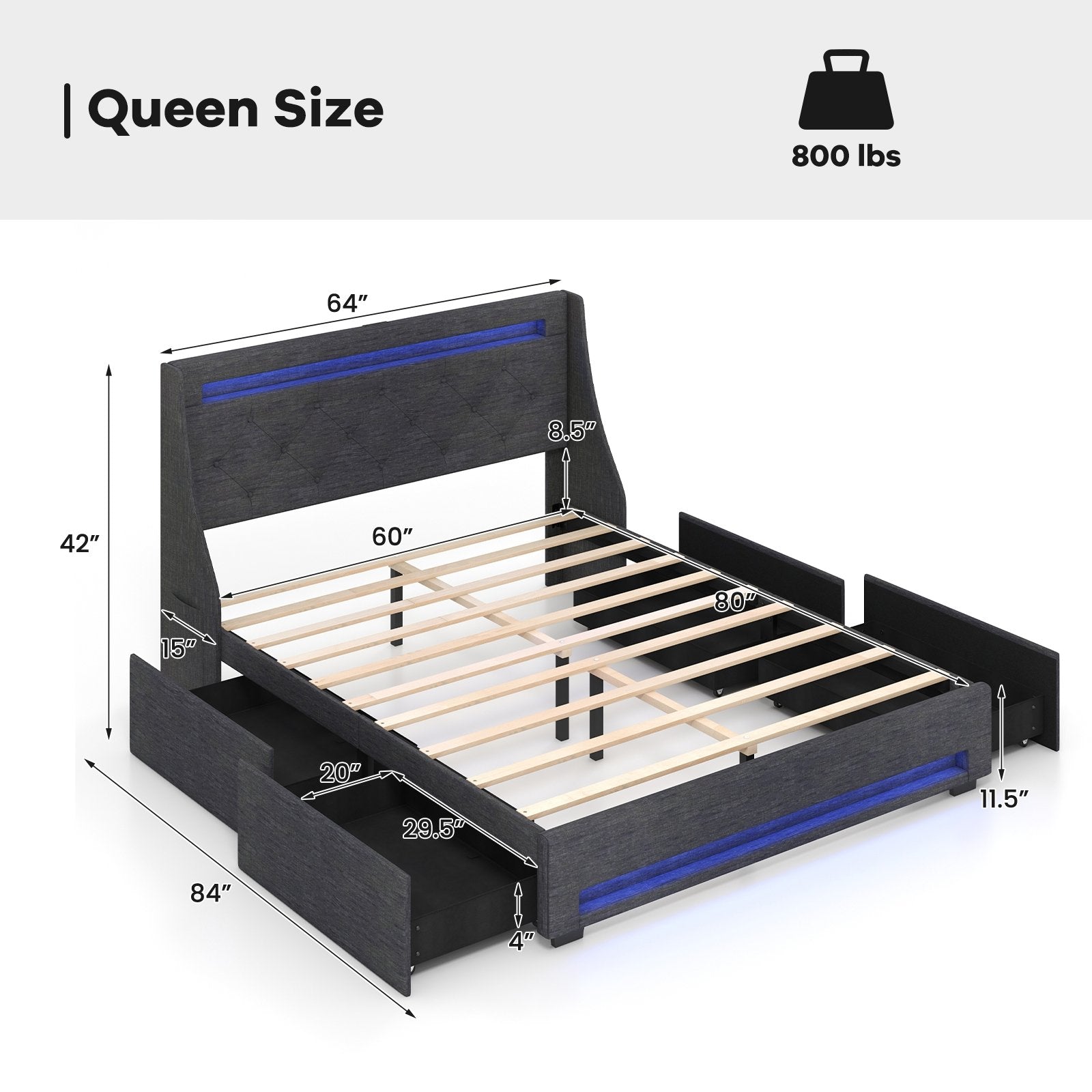 Queen Size Upholstered Platform Bed Frame with LED Lights and Charging Station-Grey, Gray Folding Beds   at Gallery Canada