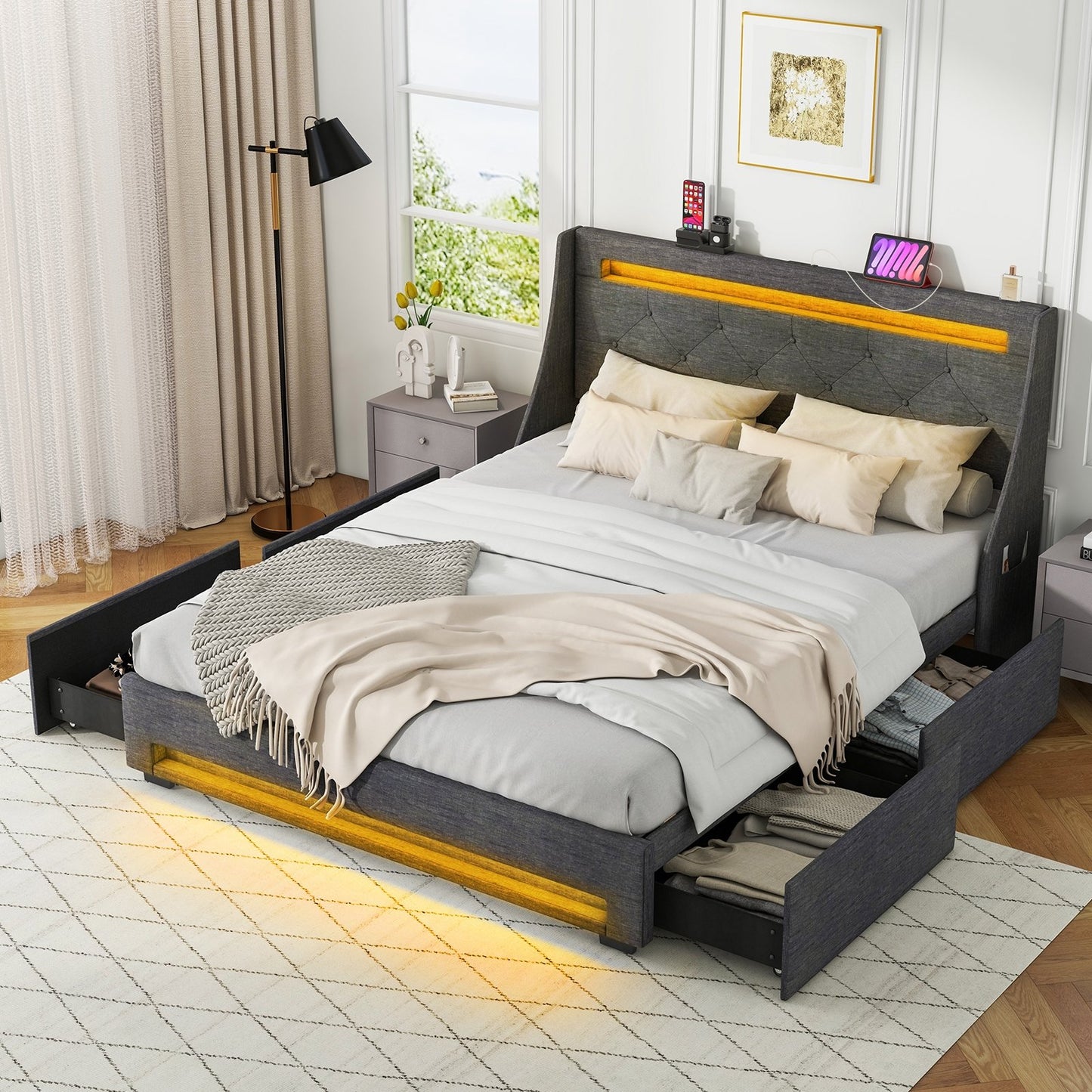 Queen Size Upholstered Platform Bed Frame with LED Lights and Charging Station-Grey, Gray Folding Beds   at Gallery Canada