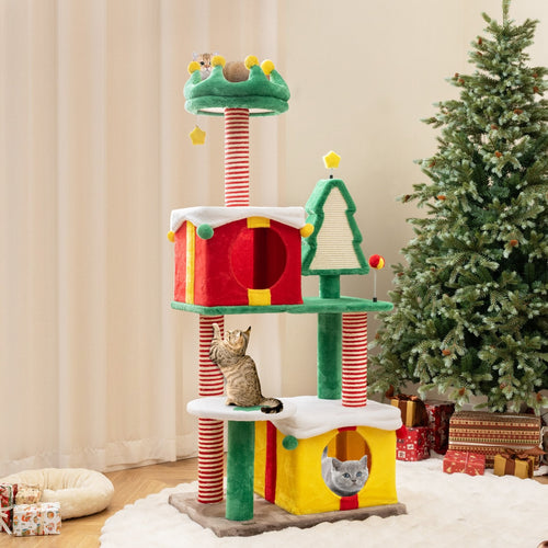 Cute Christmas Cat Tree Cat Tower for Indoor Cats with Scratching Posts and Carpet, Multicolor