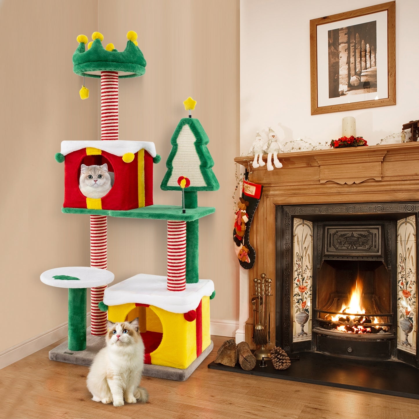 Cute Christmas Cat Tree Cat Tower for Indoor Cats with Scratching Posts and Carpet, Multicolor Cat Trees Condos & Scratchers   at Gallery Canada