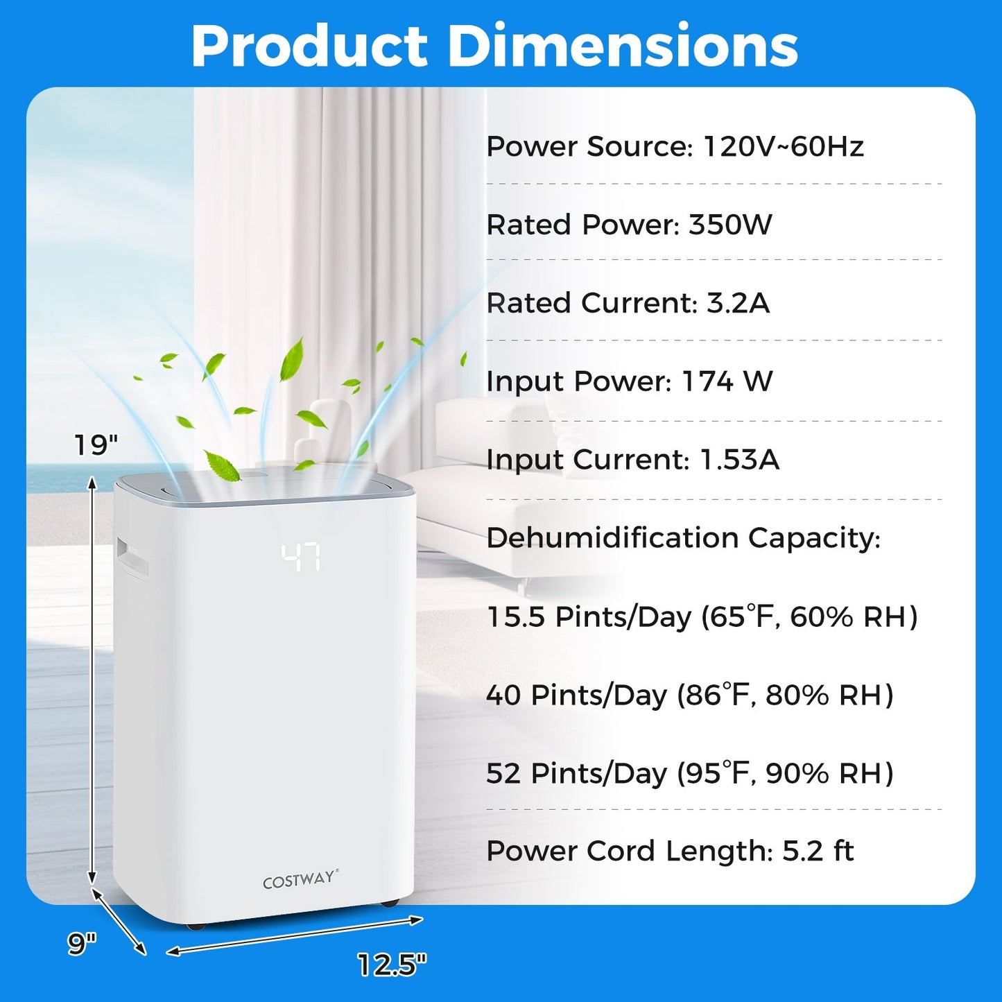 Dehumidifier with Auto Drain or Manual Drainage for Home Basement, White Dehumidifiers   at Gallery Canada