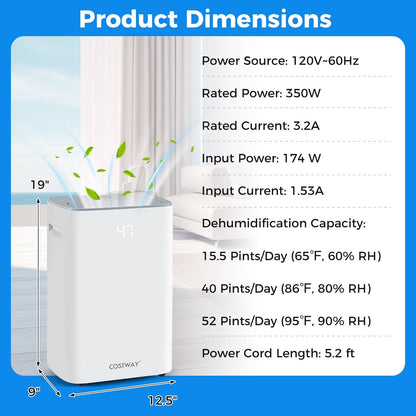 Dehumidifier with Auto Drain or Manual Drainage for Home Basement, White Dehumidifiers   at Gallery Canada