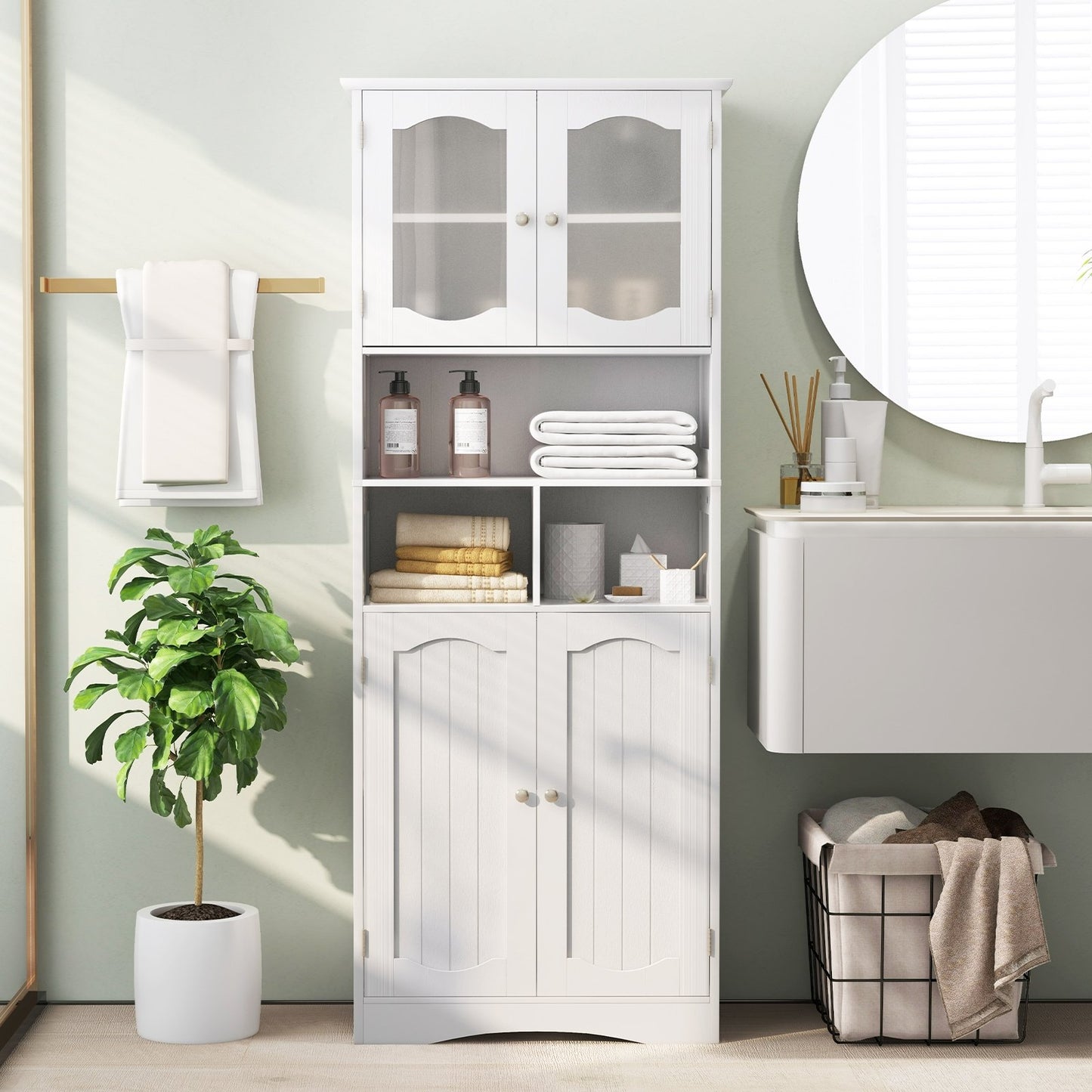 58.5 Inch Freestanding Linen Bathroom Storage Cabinet with Frost Glass Doors, White Floor Cabinets   at Gallery Canada