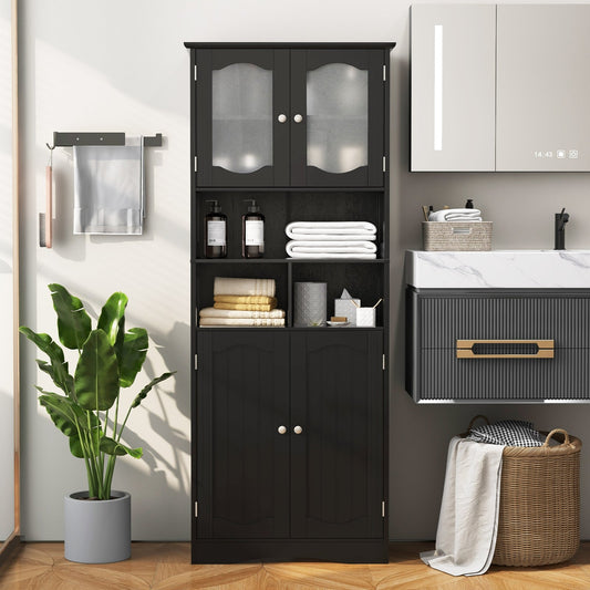 58.5 Inch Freestanding Linen Bathroom Storage Cabinet with Frost Glass Doors, Black Floor Cabinets Black  at Gallery Canada