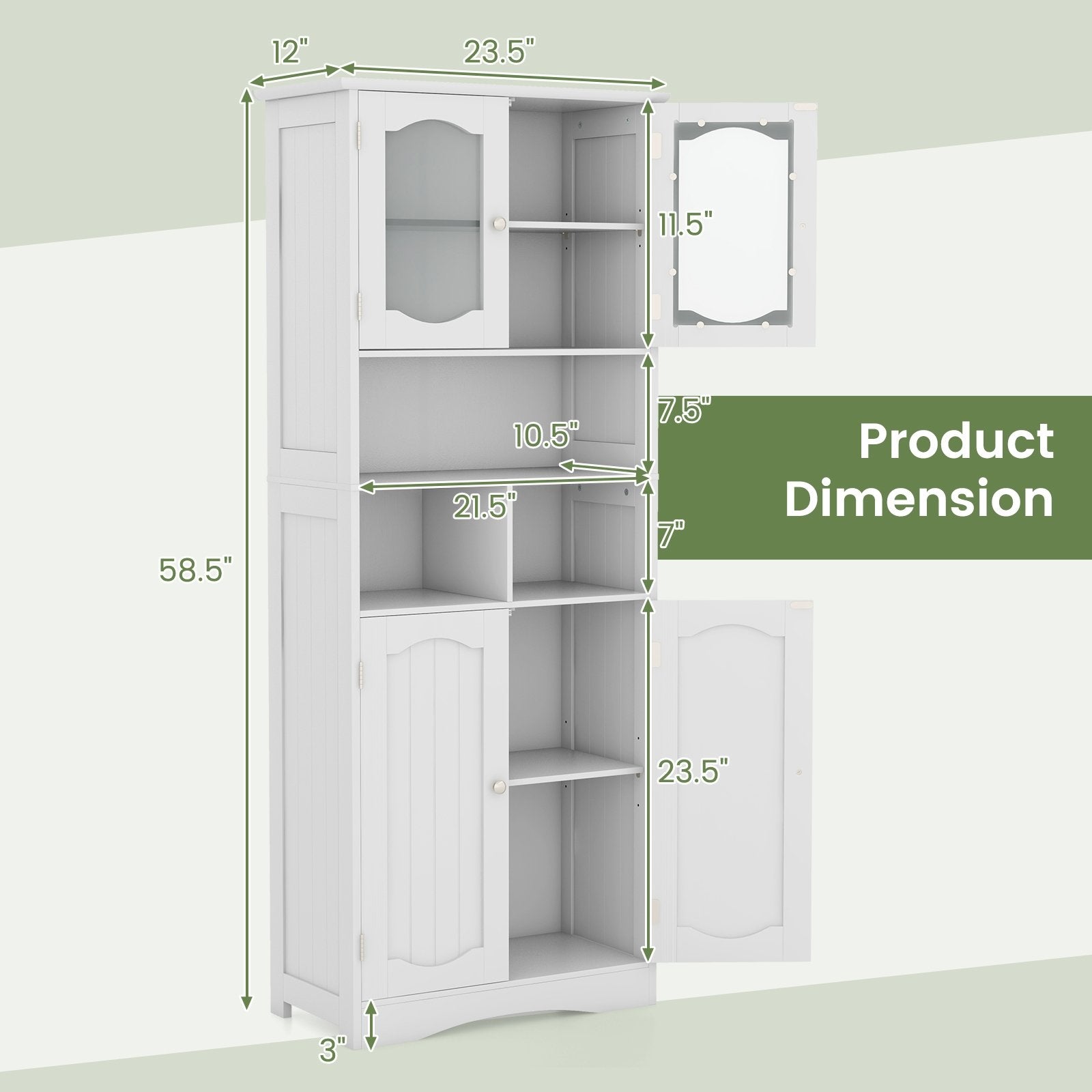 58.5 Inch Freestanding Linen Bathroom Storage Cabinet with Frost Glass Doors, White Floor Cabinets   at Gallery Canada