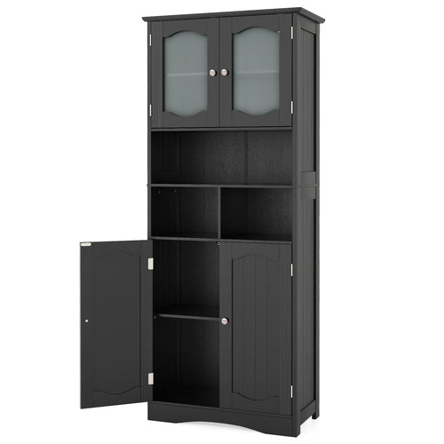 58.5 Inch Freestanding Linen Bathroom Storage Cabinet with Frost Glass Doors, Black