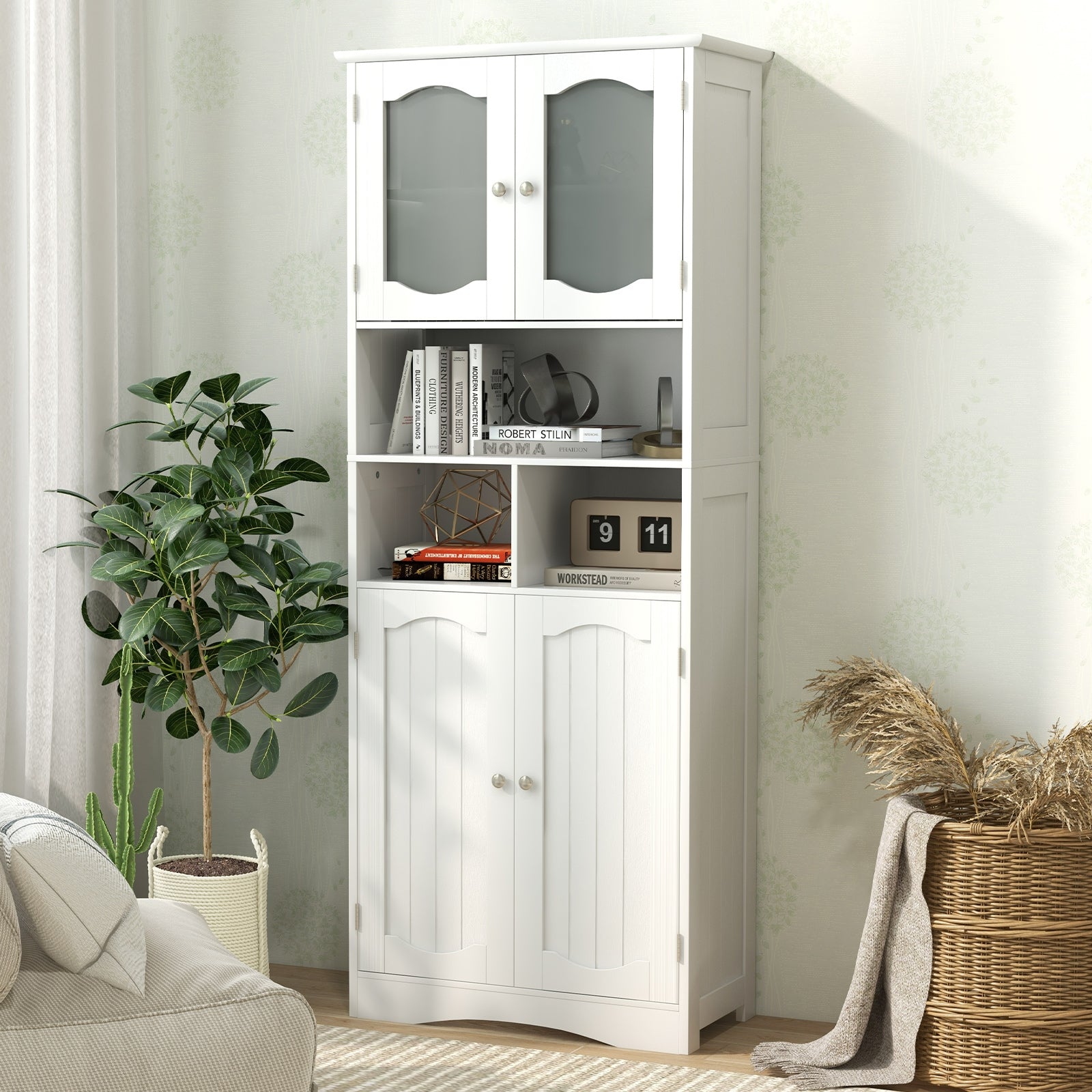 58.5 Inch Freestanding Linen Bathroom Storage Cabinet with Frost Glass Doors, White Floor Cabinets   at Gallery Canada