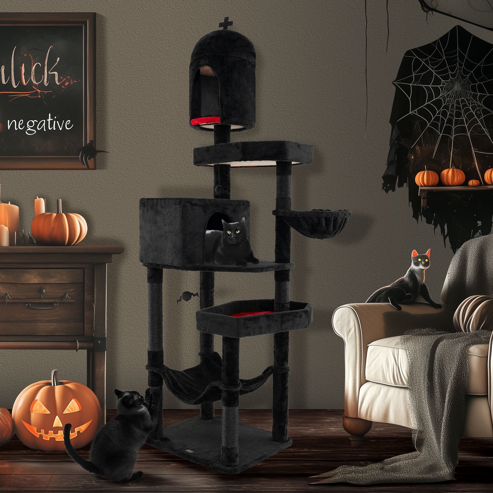 Gothic Cat Tree with 2 Cat Condos and Coffin Bed for Indoor Cats, Black Cat Trees Condos & Scratchers   at Gallery Canada