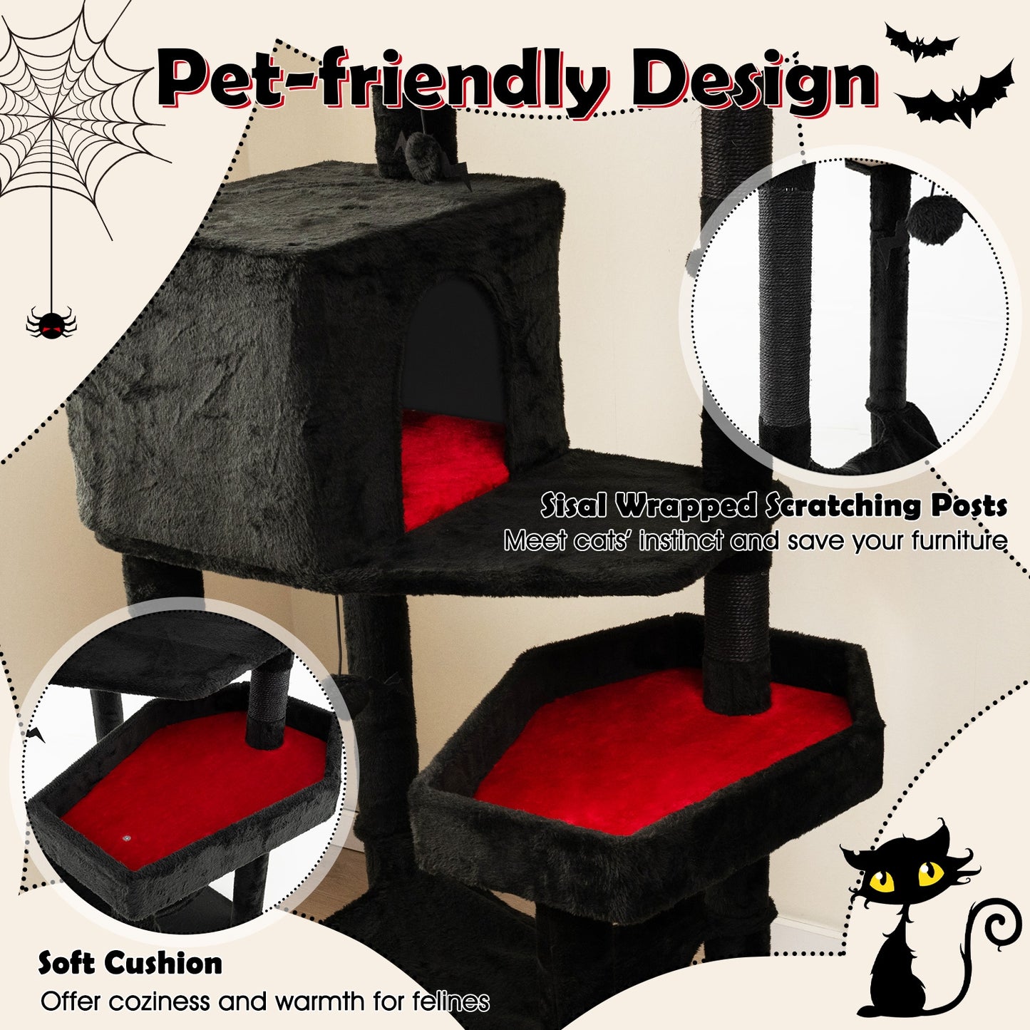 Gothic Cat Tree with 2 Cat Condos and Coffin Bed for Indoor Cats, Black Cat Trees Condos & Scratchers   at Gallery Canada